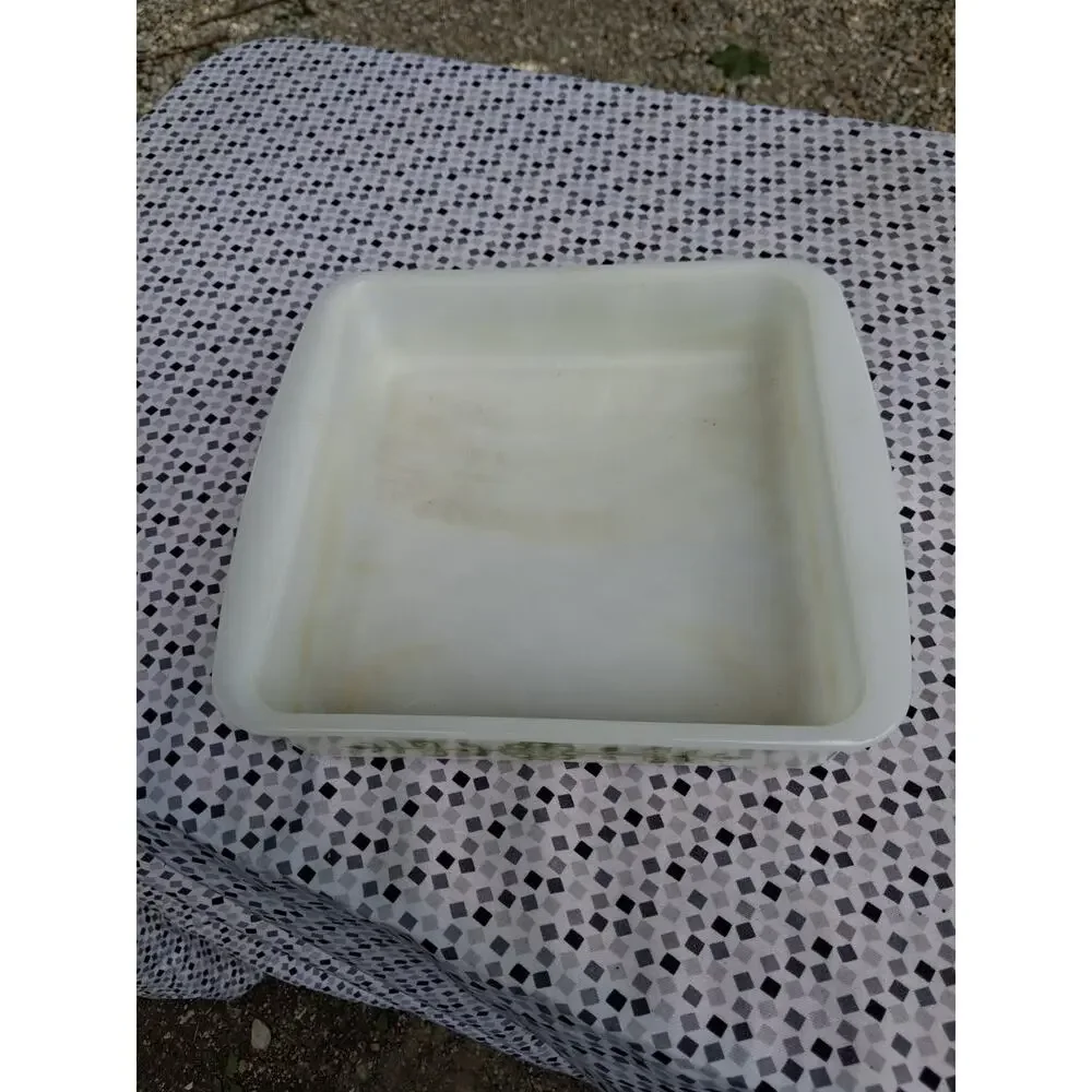 VTG Glasbake Milk Glass Square Brownie Dish Green Flower Floral Pattern J2428